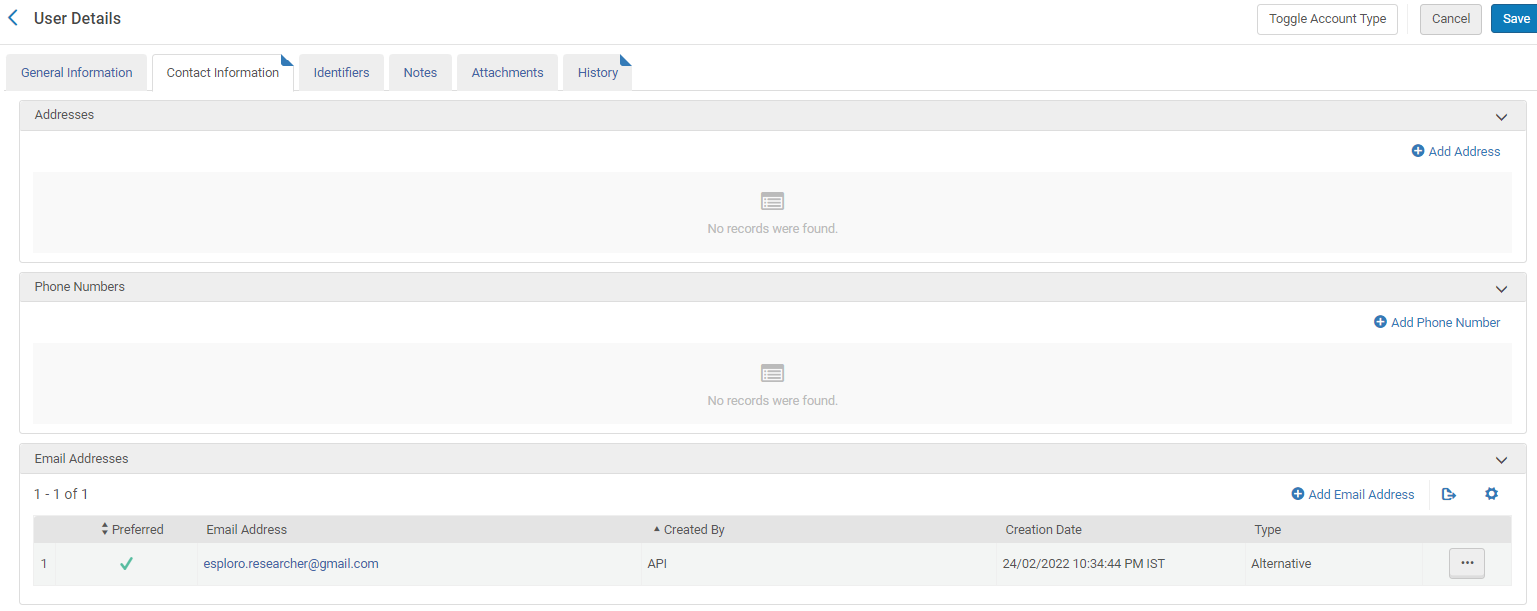 User Details page with Contact Information tab selected.