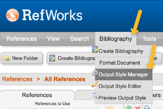 Image of legacy RefWorks Bibliography menu showing Output Style Manager option