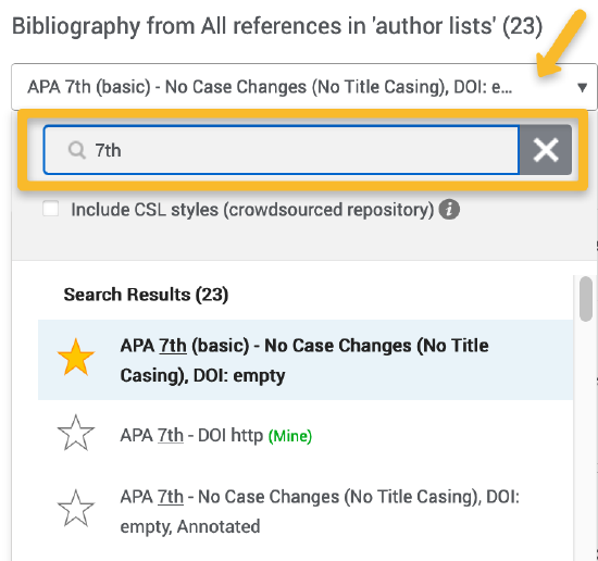Image of citation style search in new RefWorks.