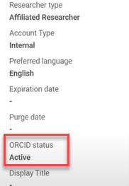 ORCID status in Researcher Profile pane.
