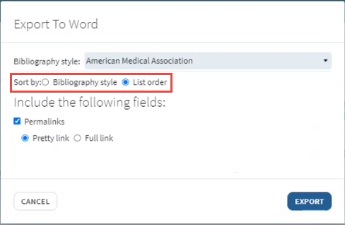 Export To Word by bibliography style/list order.