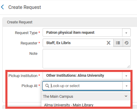 Create Request - The request form enables requesting for pickup at institutions that your institution is set up to have Deliver To relations with. Only libraries that serve other institutions are displayed.