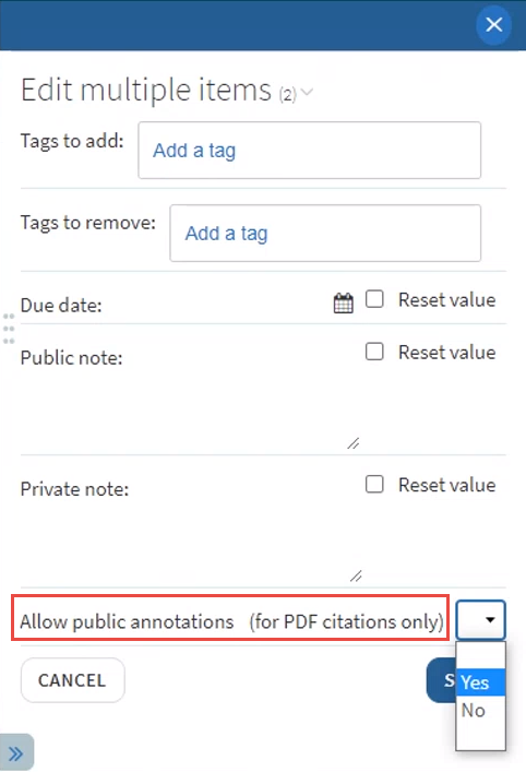 The edit multiple items pane with the allow public annotations for PDF citations option.