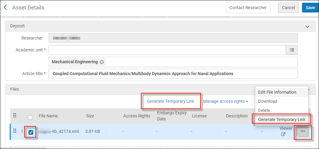 Generate Temporary Link option selected in the row actions menu.