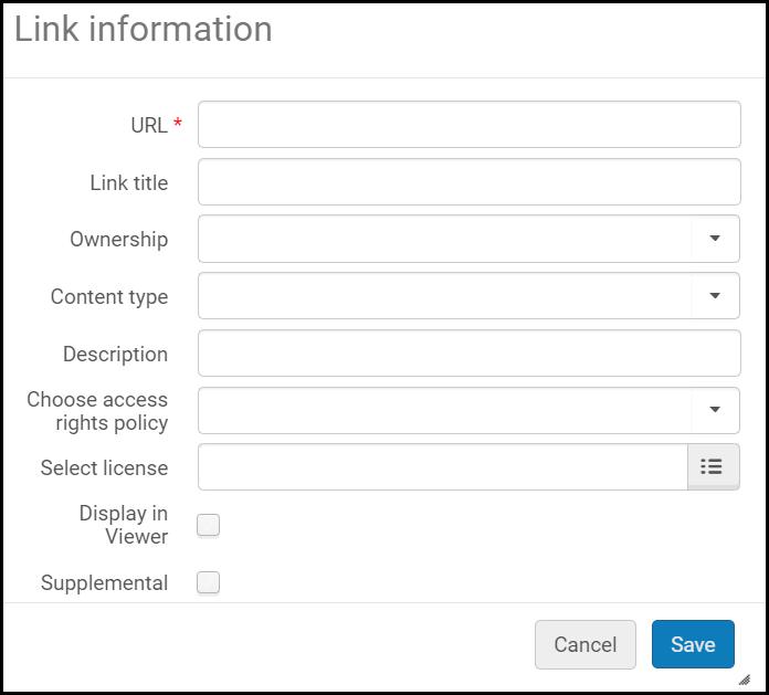 Link Information dialog box with URL as compulsory field.