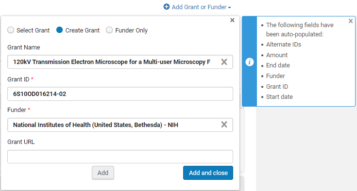 The "Create grant" option is selected and the message informing that fields were auto populated is displayed.