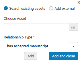 Add relationship dialog box with Choose Asset and Relationship Type options.