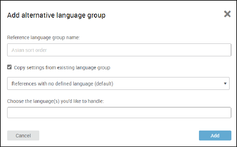 Add alternative language group box with options to Add or Cancel.