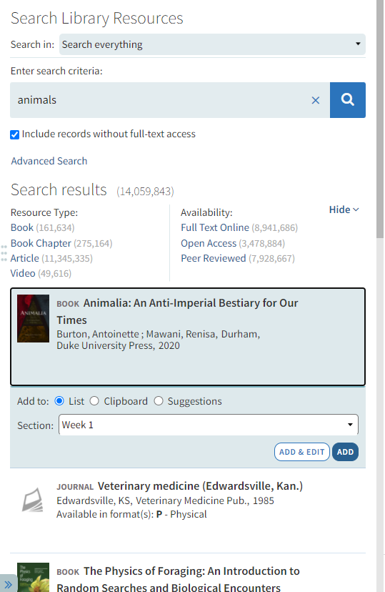 The library search results.