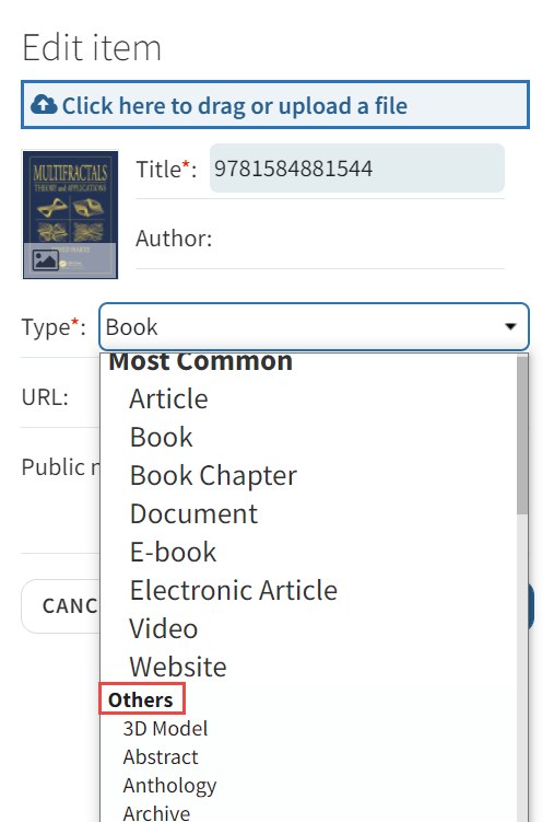 Example drop-down list where your own citation type appears.