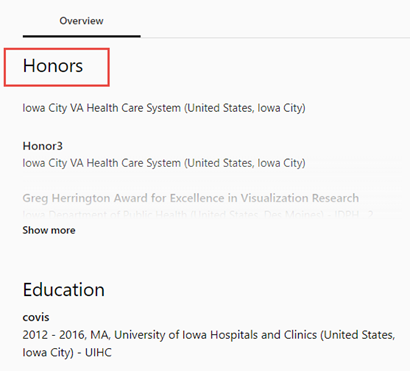 Add honors for a researcher on the profile.