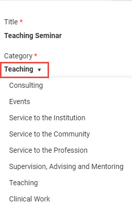Teaching category selected for an activity.