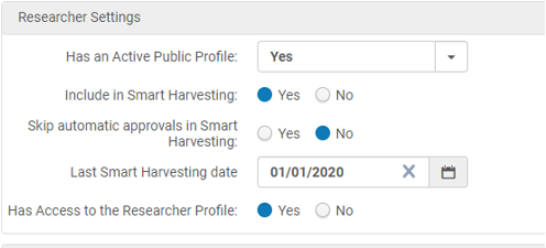 Researcher Settings with Last Smart Harvesting Date set to 01/01/2020.