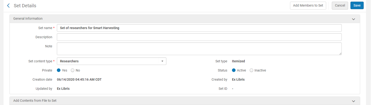 Manage Sets window with the "Set name" option as "Set of researchers for Smart Harvesting".
