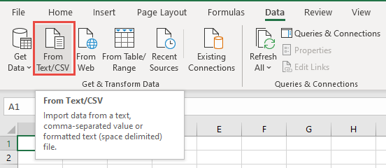From Text CSV option in the Data menu.