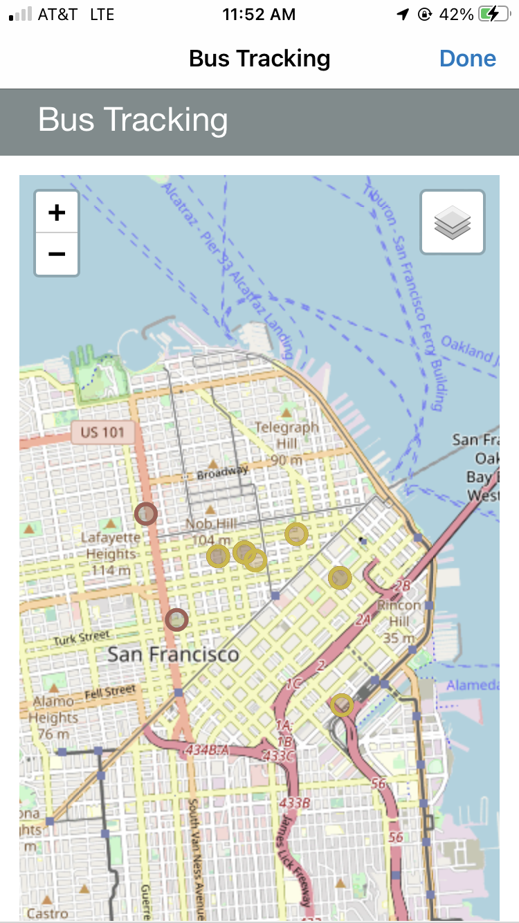 An example of a mobile view of bus tracking map.