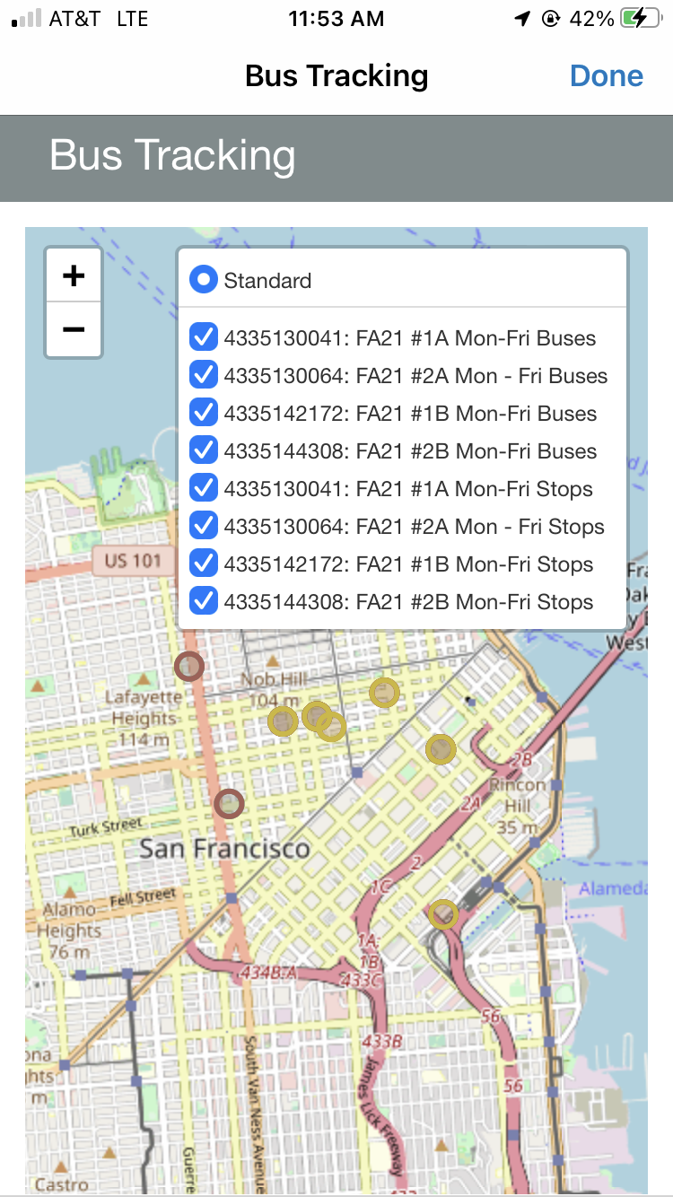 An example of a mobile view for bus routes.