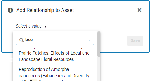 Asset drop down list in the Add Relationship to Asset box.