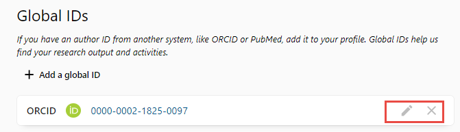 ORCID Id on profile under Global Settings - with edit icon not active.