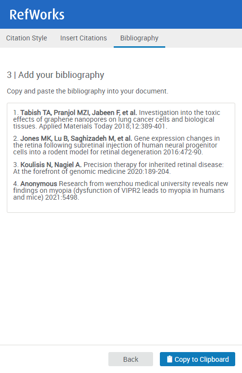 The quick cite bibliography tab.