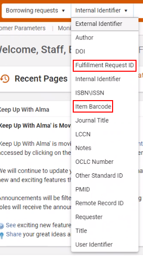 The borrowing requests search options.