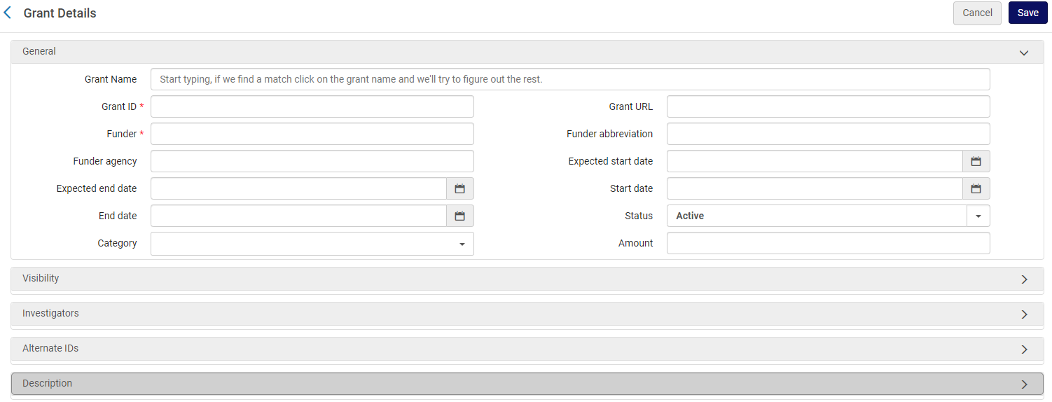 Details page when adding or editing a grant.