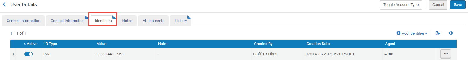Identifiers tab selected in User Details.
