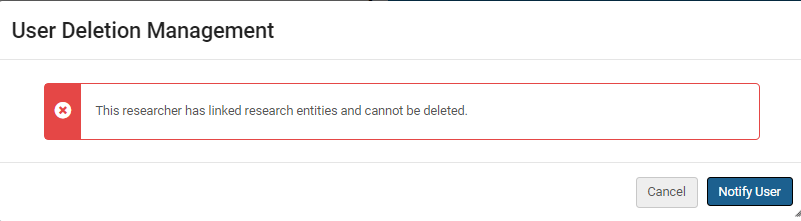 Error message when trying to delete a user.
