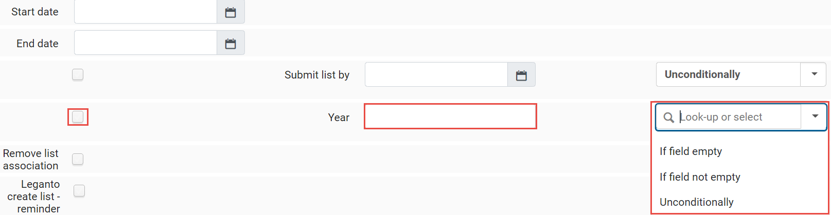 The year configuration in the Course Buk Update.