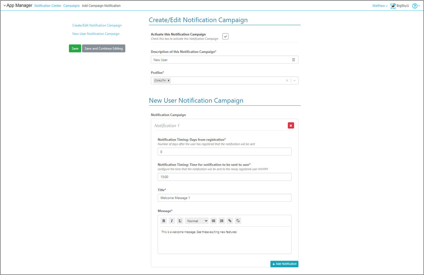 Create or edit a campaign configuration screen.
