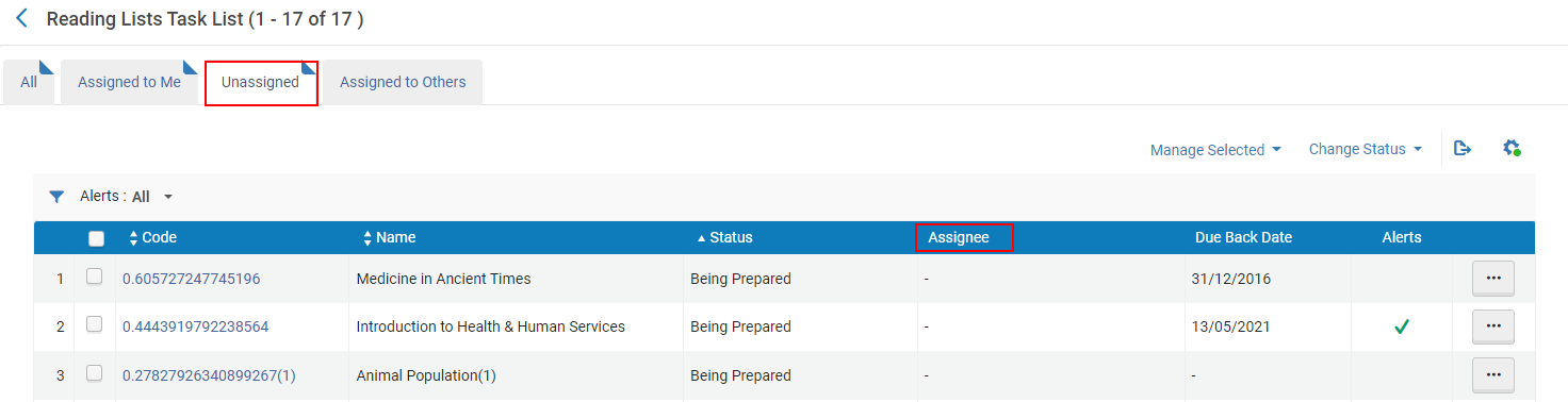 Unassigned reading lists task list.