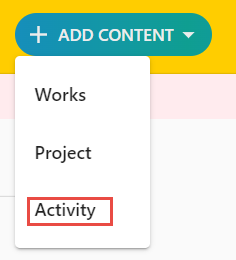 Add Content drop down list with Activity highlighted.