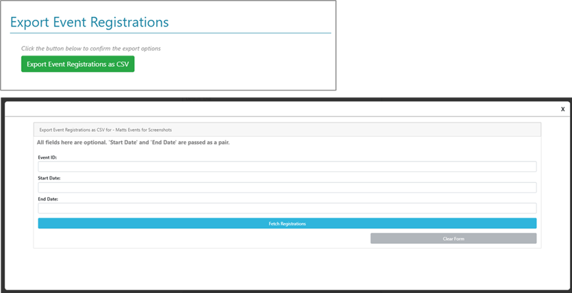 The Export Event Registrations configuration screen.