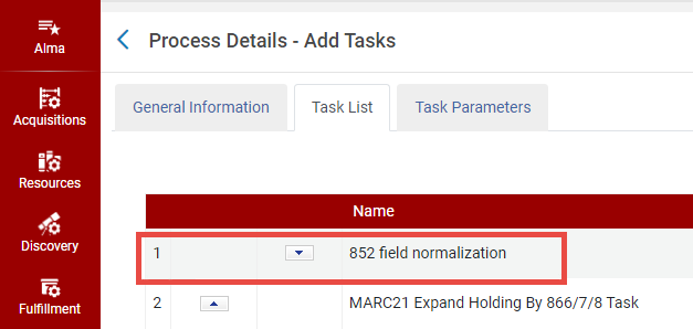 The 852 field normalization task first in list of normalization process