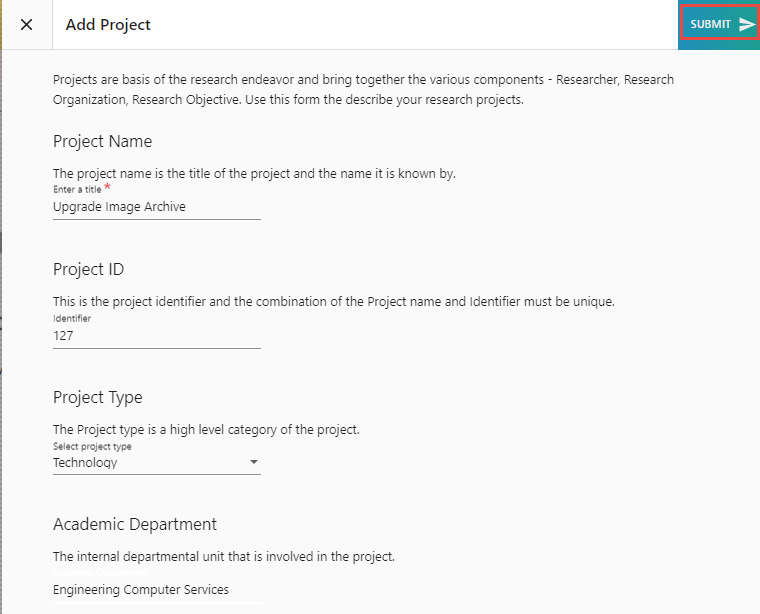 Add project form with details filled in.