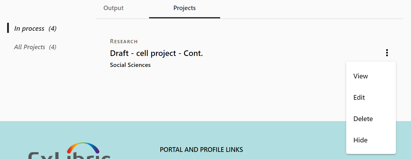 Actions menu for projects.
