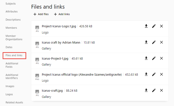 Files and links option for projects.