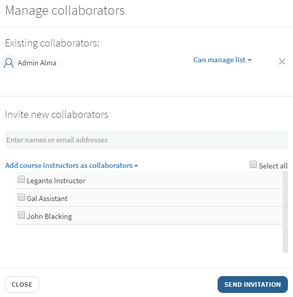 The manage collaborators dialog box.