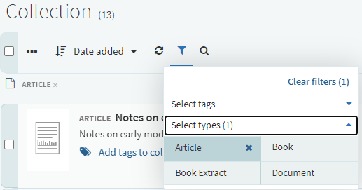The Collection filter window used to filter by tags or by types.
