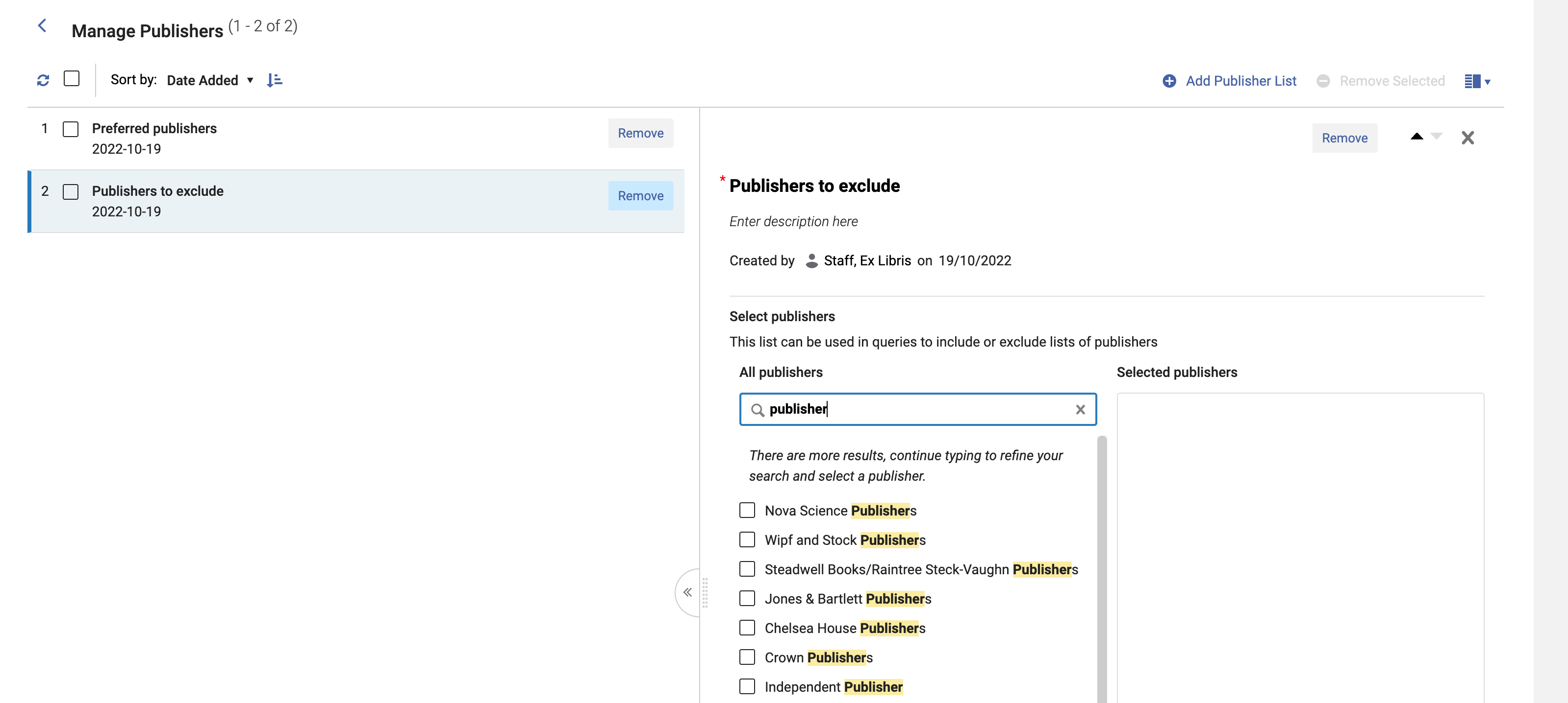 Publisher Lists page (Manage Publishers)