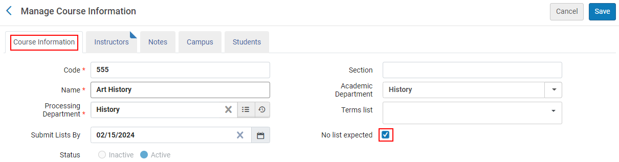 The "no list expected" checkbox.