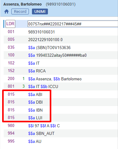 Authority record contributed to SBN with tag 815 displayed individually in New Metadata Editor