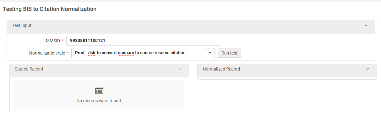 The Testing BIB to Citation Normalization screen.