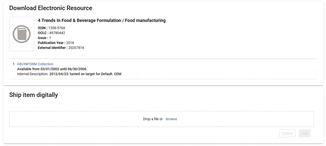 The ship item digitally section on the Download Electronic Resource screen.