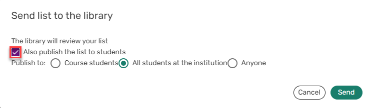 Options lorsque vous sélectionnez l'option Publier aussi la liste pour les étudiants.