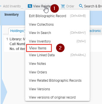 View Items option displayed in the View Related Data menu