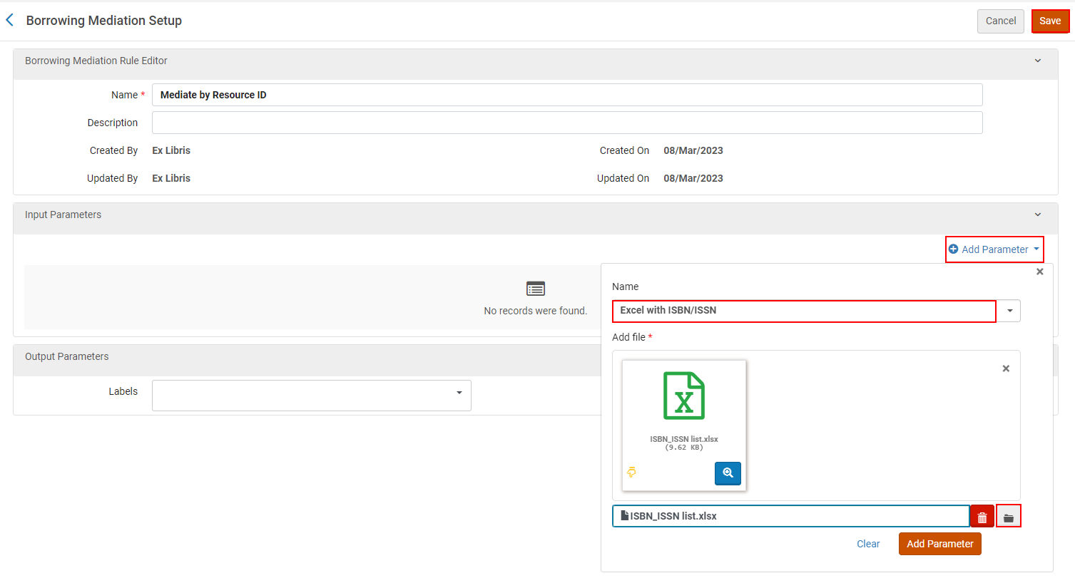 The Excel with ISBN/ISBN input parameter.