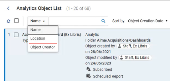 search analytics object list by object creator option.