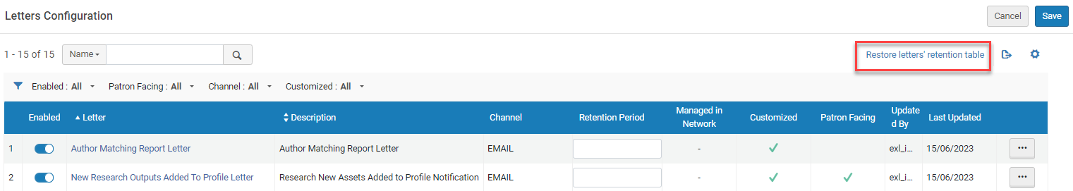 Restore retention table.