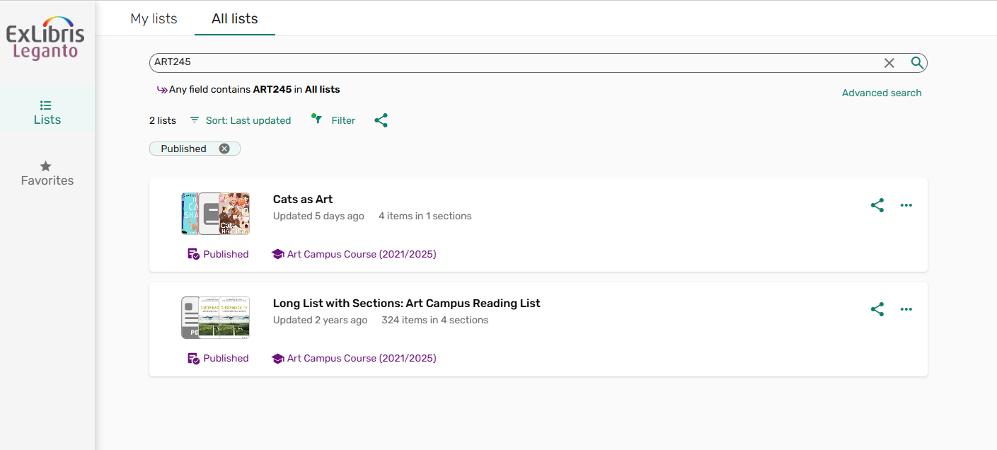 Listas asociadas al curso.